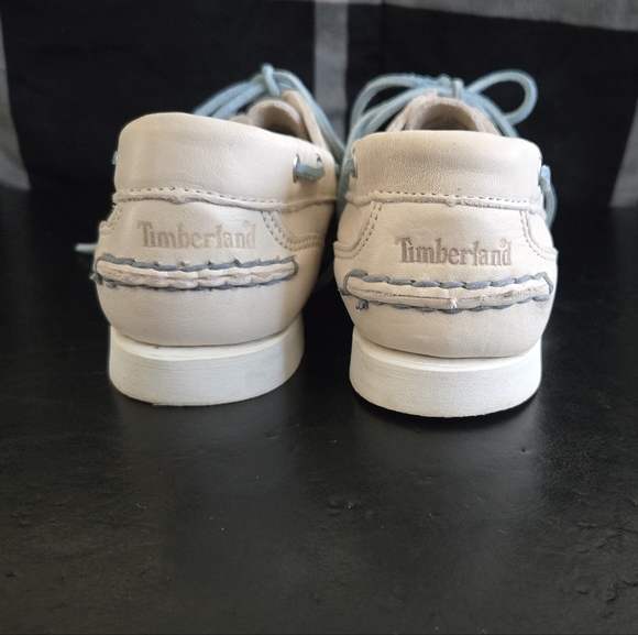 Timberland Art. Classic Boat Leather Unlined Boat Shoe Cream Blue EUC 6.5 - Picture 6 of 9